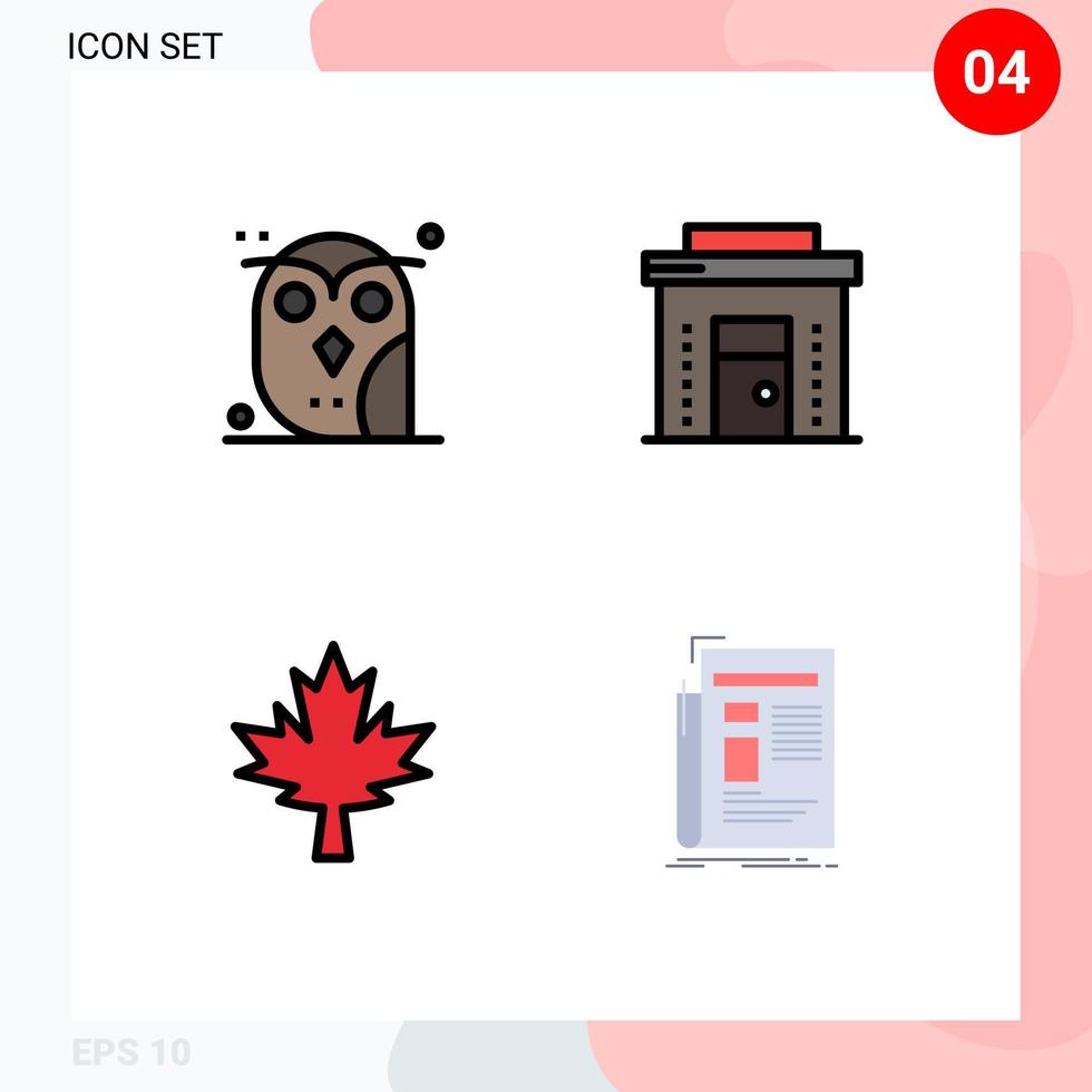 Mobile Interface Filledline Flat Color Set of 4 Pictograms of animal shop owl commercial leaf Editable Vector Design Elements