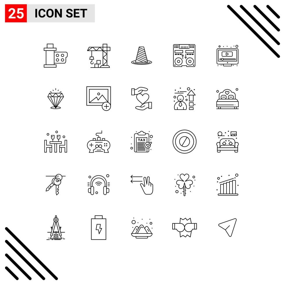 25 símbolos de signos de línea universales de cono de consola mezcladora cd detener elementos de diseño vectorial editables vector