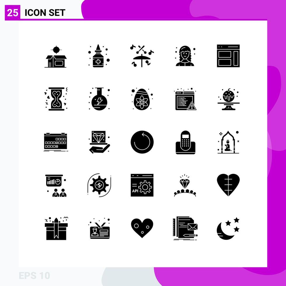 paquete de glifos sólidos de 25 símbolos universales de elementos de diseño de vector editable femenino desarrollador web de tambor de comunicación correcta