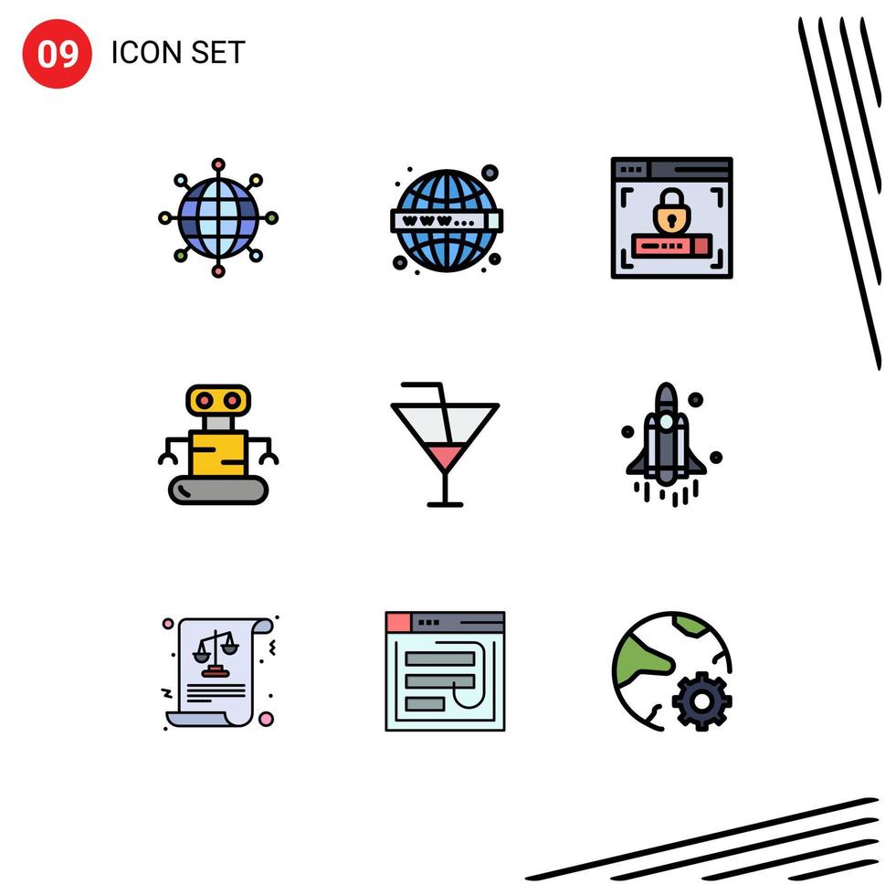 Group of 9 Filledline Flat Colors Signs and Symbols for party glass web design drink robot Editable Vector Design Elements