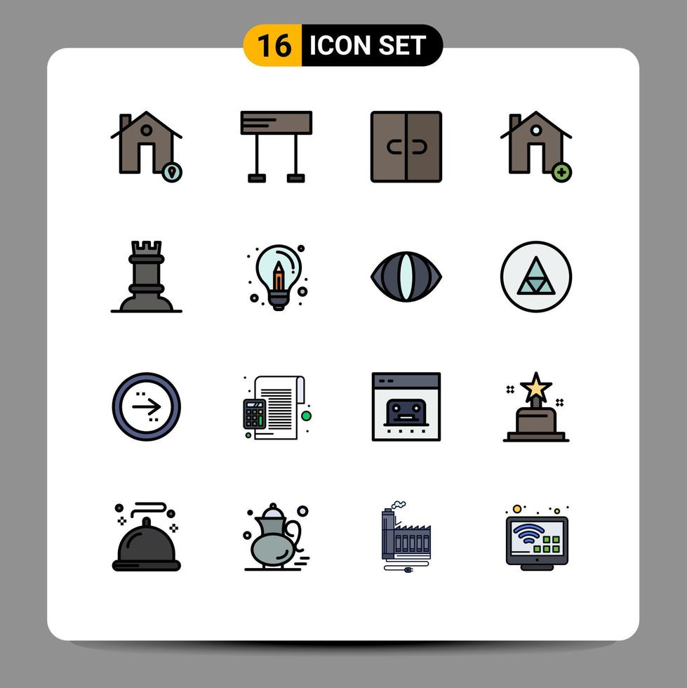 Modern Set of 16 Flat Color Filled Lines Pictograph of new estate sport buildings interior Editable Creative Vector Design Elements