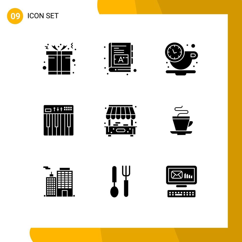 9 User Interface Solid Glyph Pack of modern Signs and Symbols of life music coffee midi hardware Editable Vector Design Elements