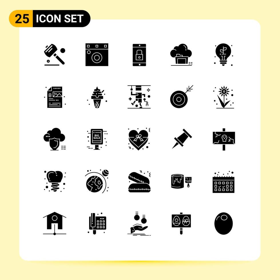Group of 25 Solid Glyphs Signs and Symbols for leaves share lock application data archive Editable Vector Design Elements