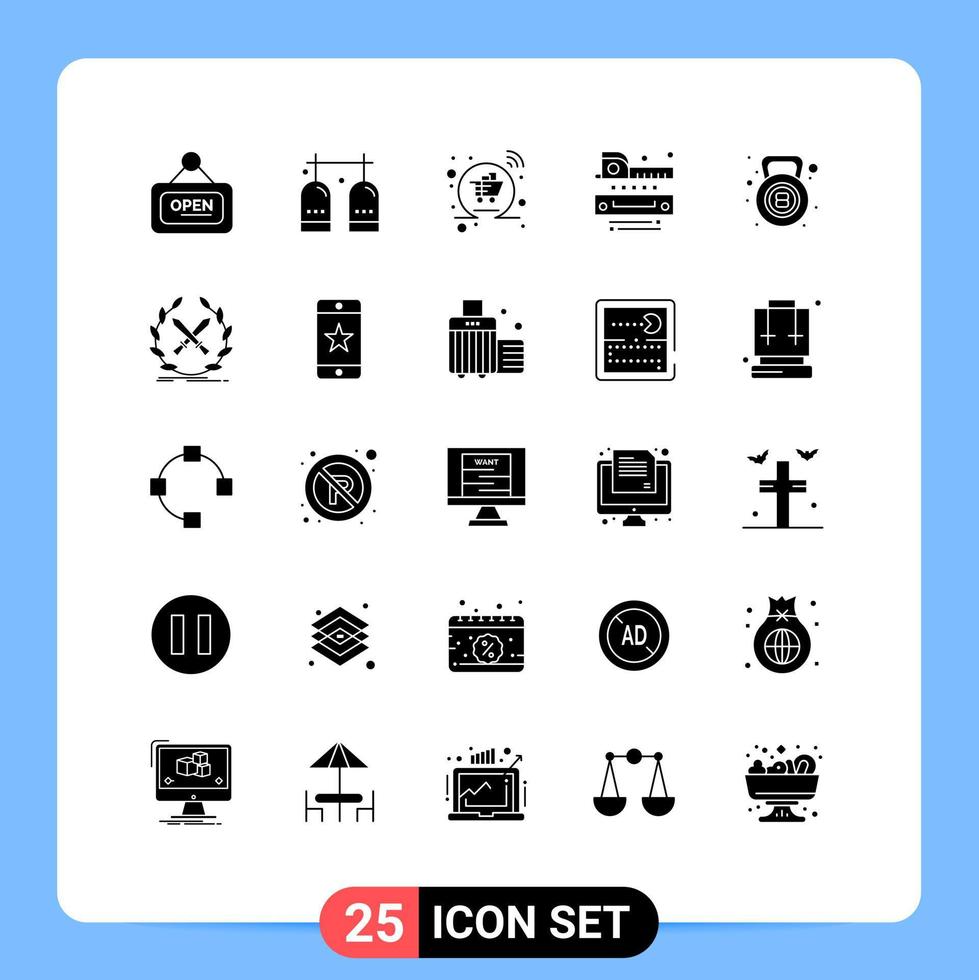 grupo de símbolos de icono universal de 25 glifos sólidos modernos de regla de gimnasio medición de oxígeno compras elementos de diseño vectorial editables vector