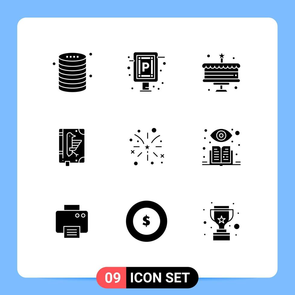 Universal Icon Symbols Group of 9 Modern Solid Glyphs of firework declaration board constitution book Editable Vector Design Elements