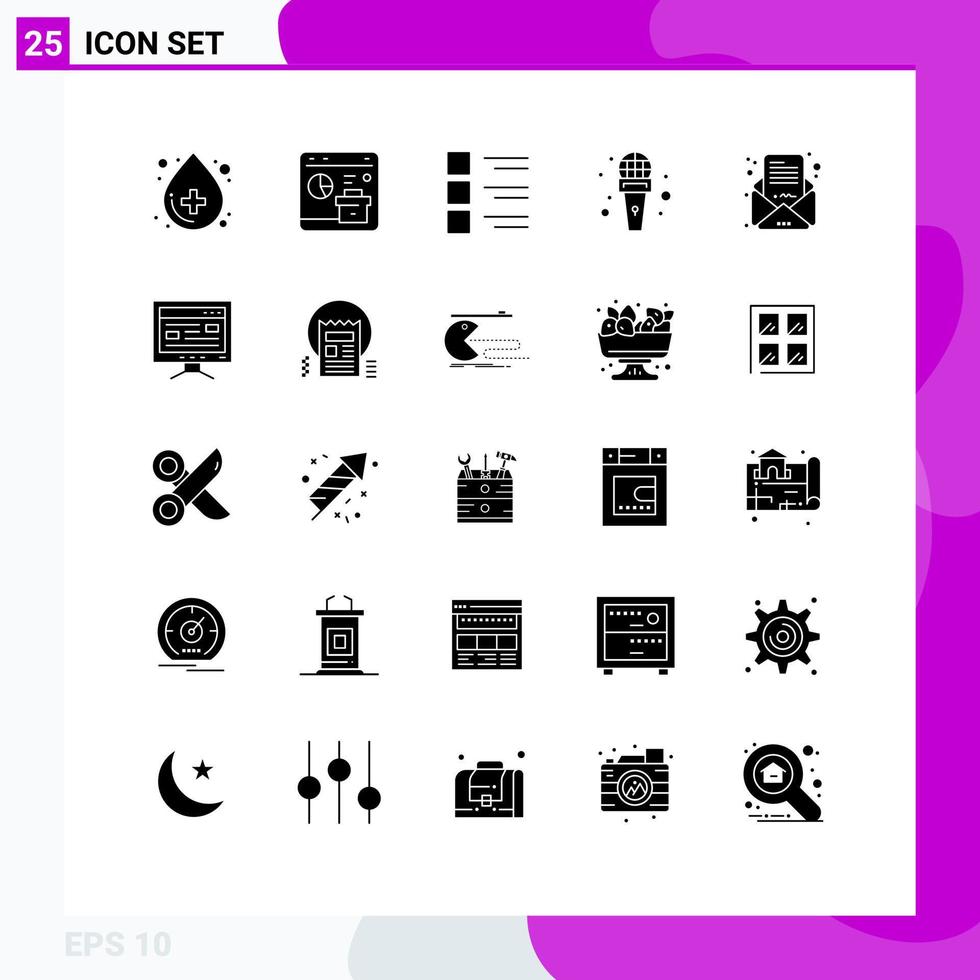 25 User Interface Solid Glyph Pack of modern Signs and Symbols of reporter microphone se mic menu Editable Vector Design Elements