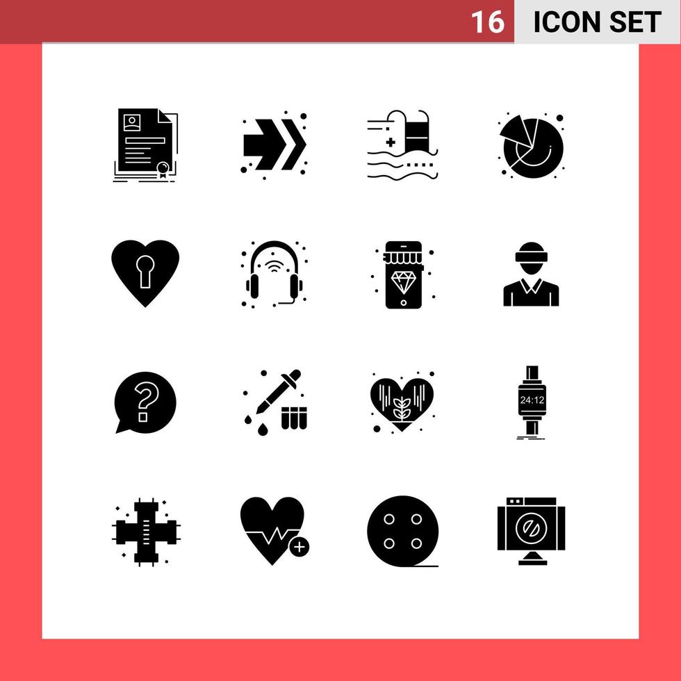 Modern Set of 16 Solid Glyphs and symbols such as heart graph holiday finance water Editable Vector Design Elements