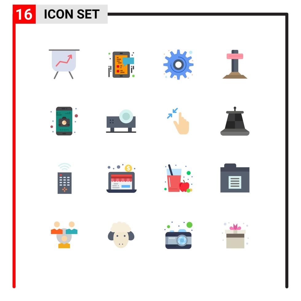 Group of 16 Flat Colors Signs and Symbols for multimedia camera settings application cross Editable Pack of Creative Vector Design Elements