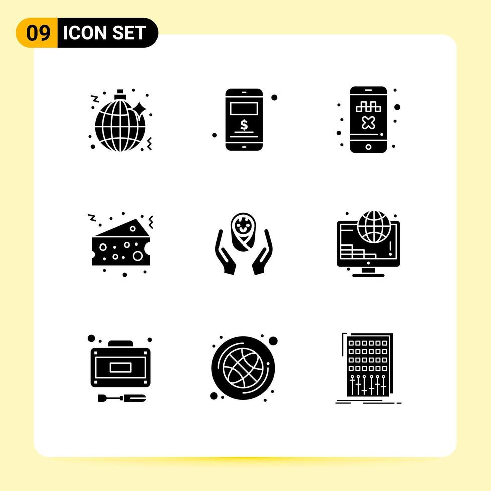 Universal Icon Symbols Group of 9 Modern Solid Glyphs of child care hands cancel ride food cheese Editable Vector Design Elements