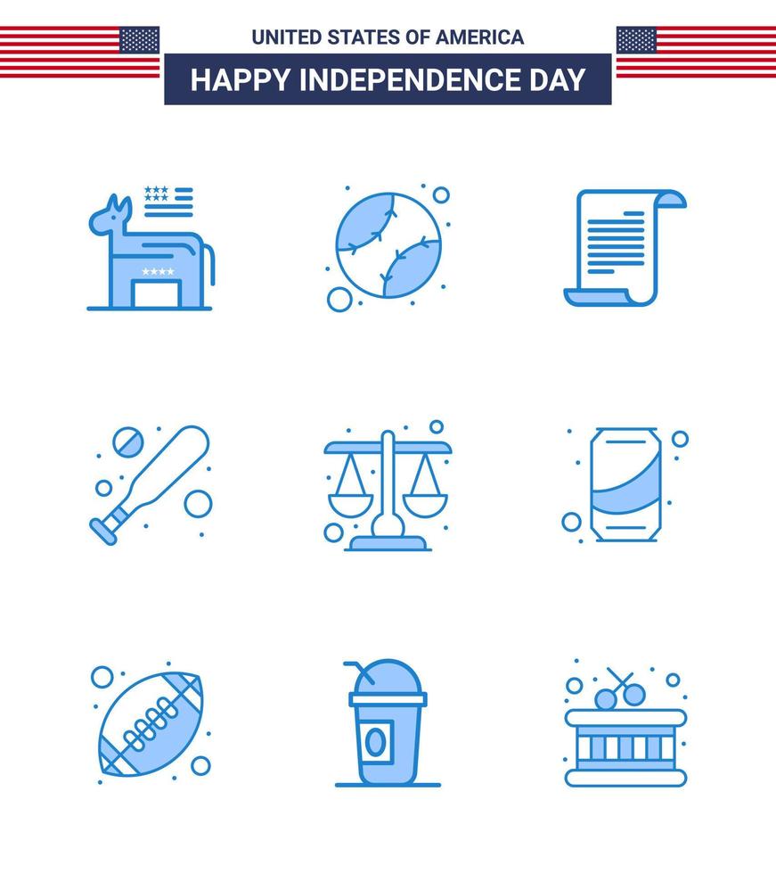 Set of 9 Vector Blues on 4th July USA Independence Day such as law court file hardball baseball Editable USA Day Vector Design Elements