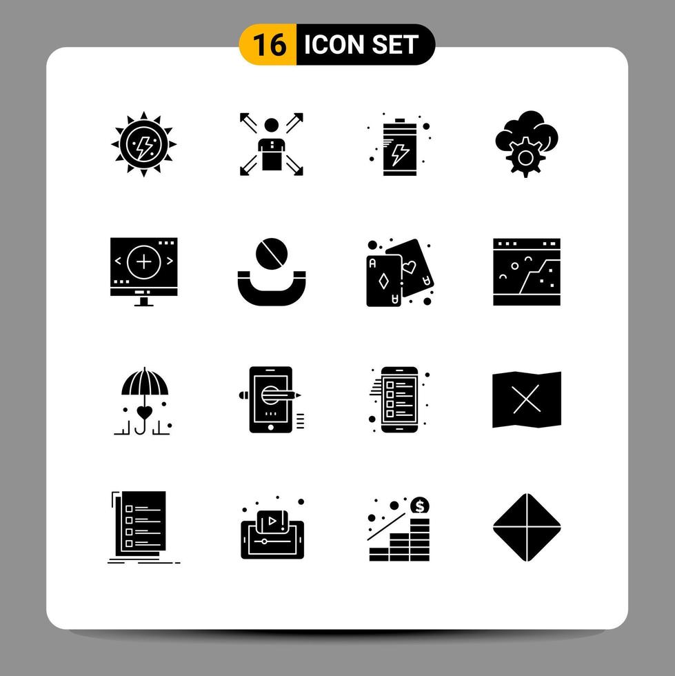 Set of 16 Commercial Solid Glyphs pack for computer gear human cloud charge Editable Vector Design Elements