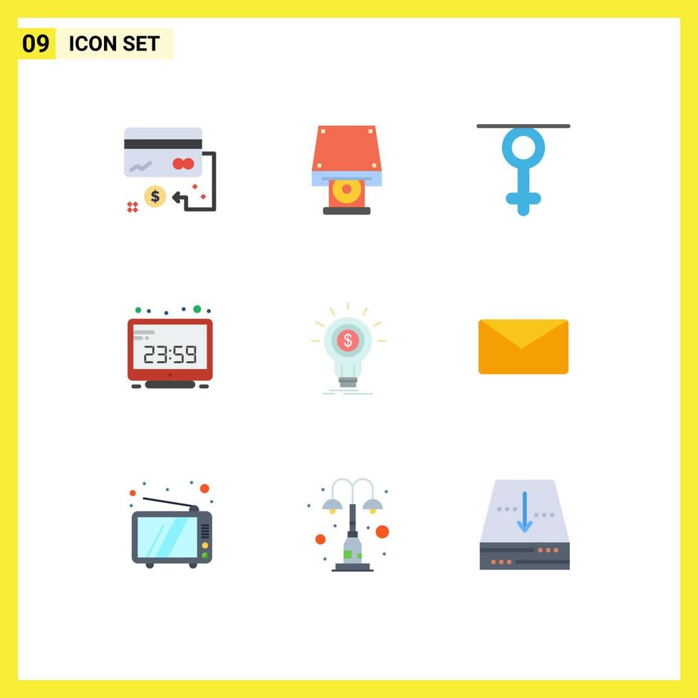 9 colores planos universales establecidos para aplicaciones web y móviles que muestran elementos de diseño de vectores editables humanos de computadora de disco de reloj de computadora