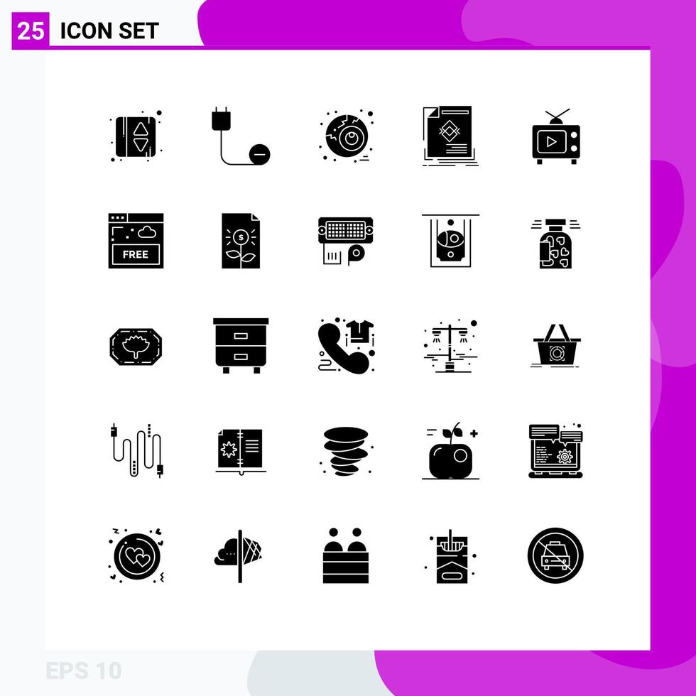 User Interface Pack of 25 Basic Solid Glyphs of television page eye magazine advertisement Editable Vector Design Elements