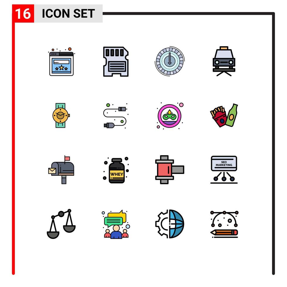 16 Universal Flat Color Filled Lines Set for Web and Mobile Applications time watch cost repair car Editable Creative Vector Design Elements