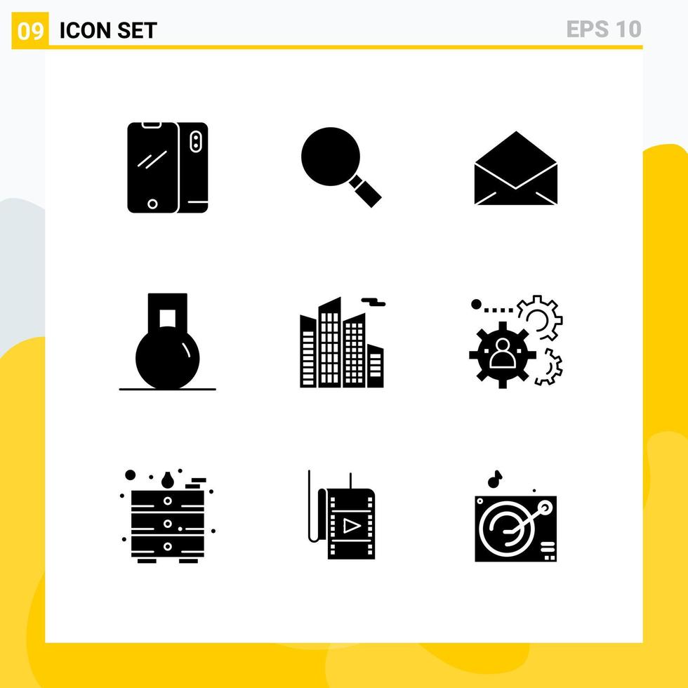 9 Universal Solid Glyph Signs Symbols of building sport search gym open Editable Vector Design Elements