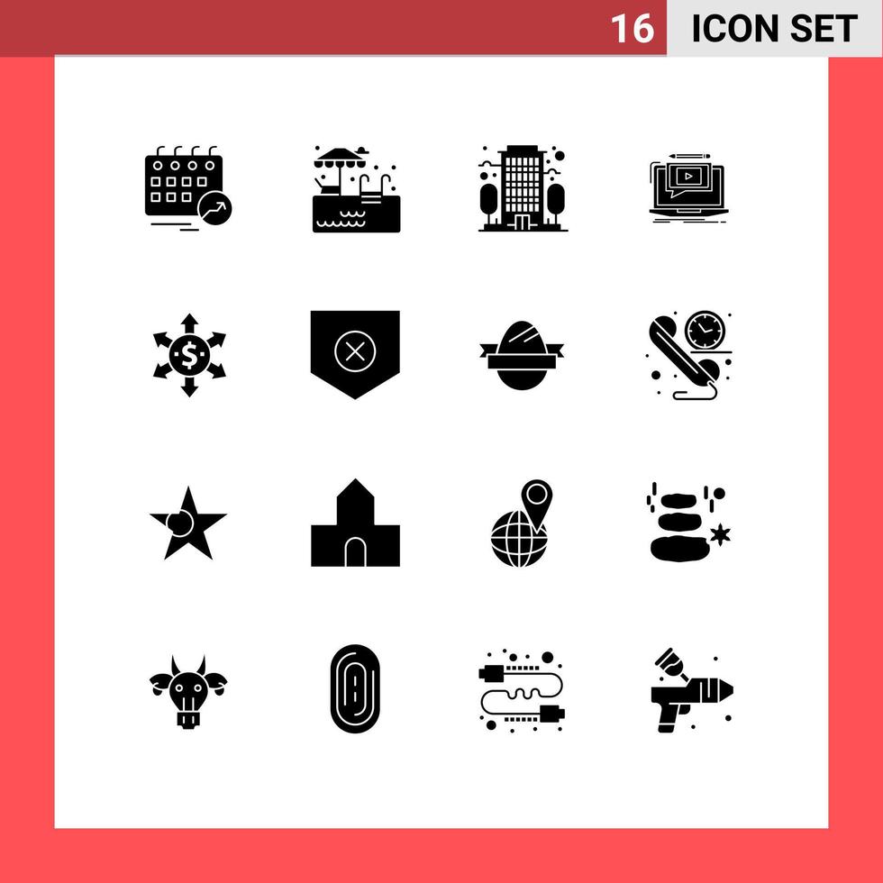 16 Thematic Vector Solid Glyphs and Editable Symbols of money video building tutorial player Editable Vector Design Elements