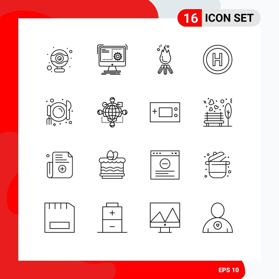 Set of 16 Modern UI Icons Symbols Signs for diet board fire sign camp Editable Vector Design Elements