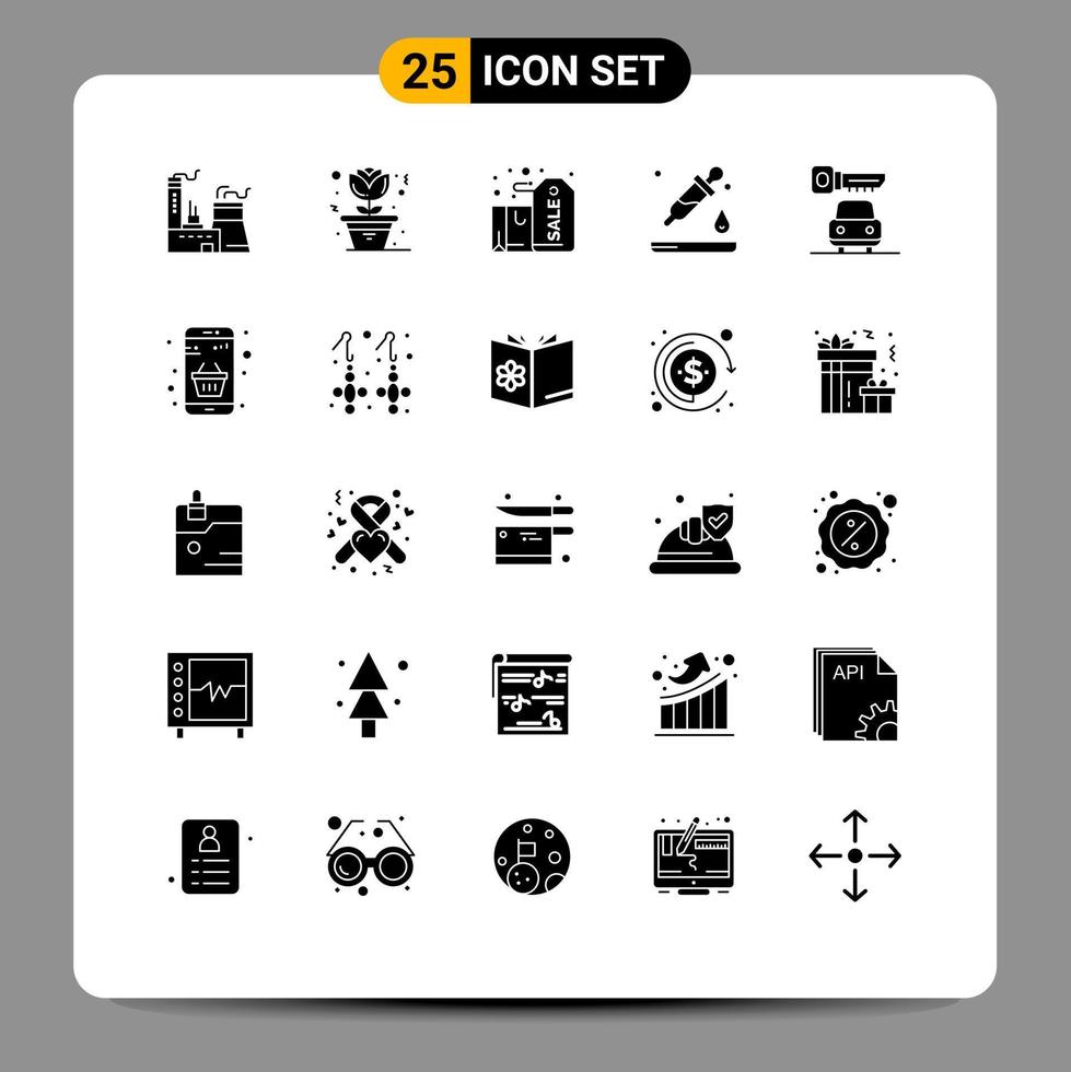 25 Thematic Vector Solid Glyphs and Editable Symbols of key science box pipette drop Editable Vector Design Elements