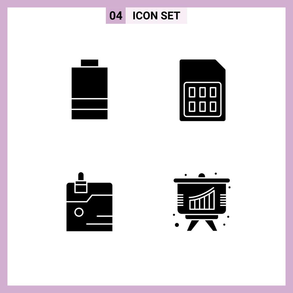Pack of 4 Modern Solid Glyphs Signs and Symbols for Web Print Media such as battery data card sim technology Editable Vector Design Elements