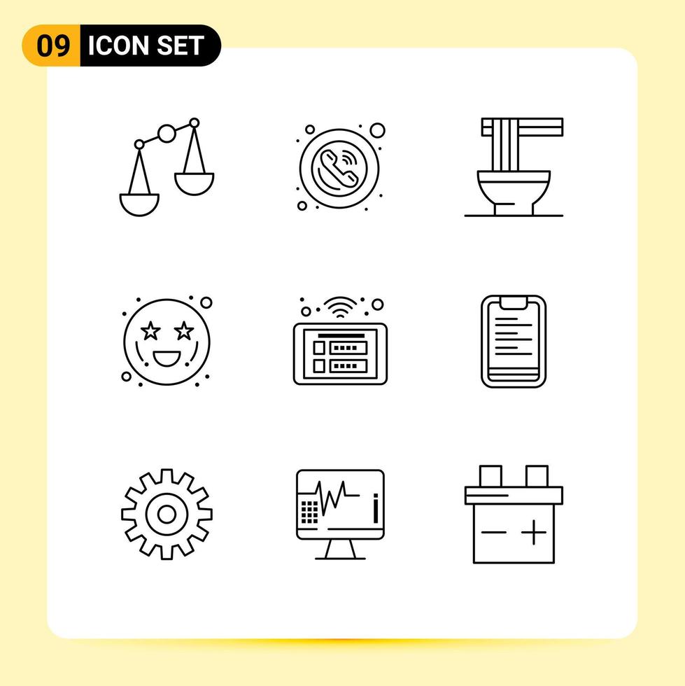 Mobile Interface Outline Set of 9 Pictograms of control heart eyes chinese emots adoration Editable Vector Design Elements