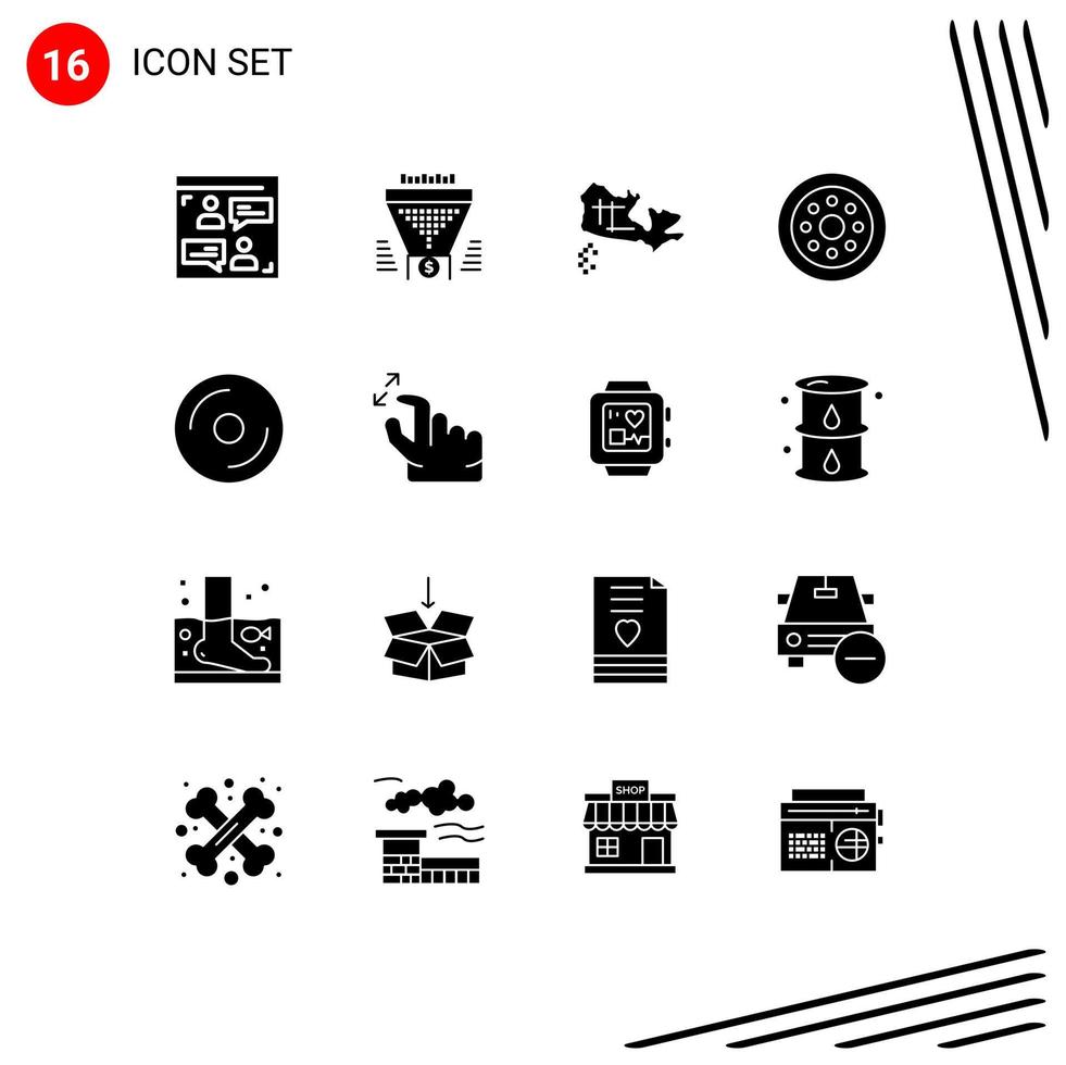 Solid Glyph Pack of 16 Universal Symbols of disk wheels money velg accessories Editable Vector Design Elements