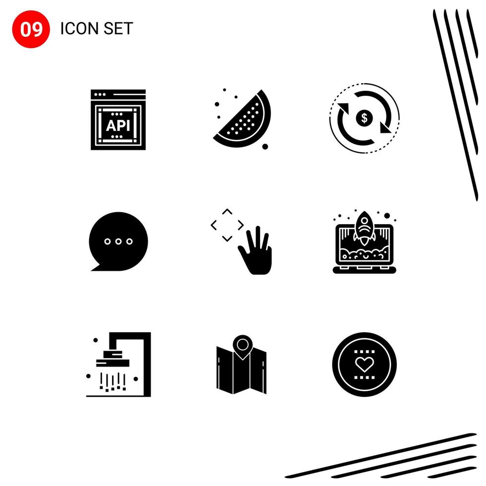 Universal Icon Symbols Group of 9 Modern Solid Glyphs of up hand finance comment bubble Editable Vector Design Elements