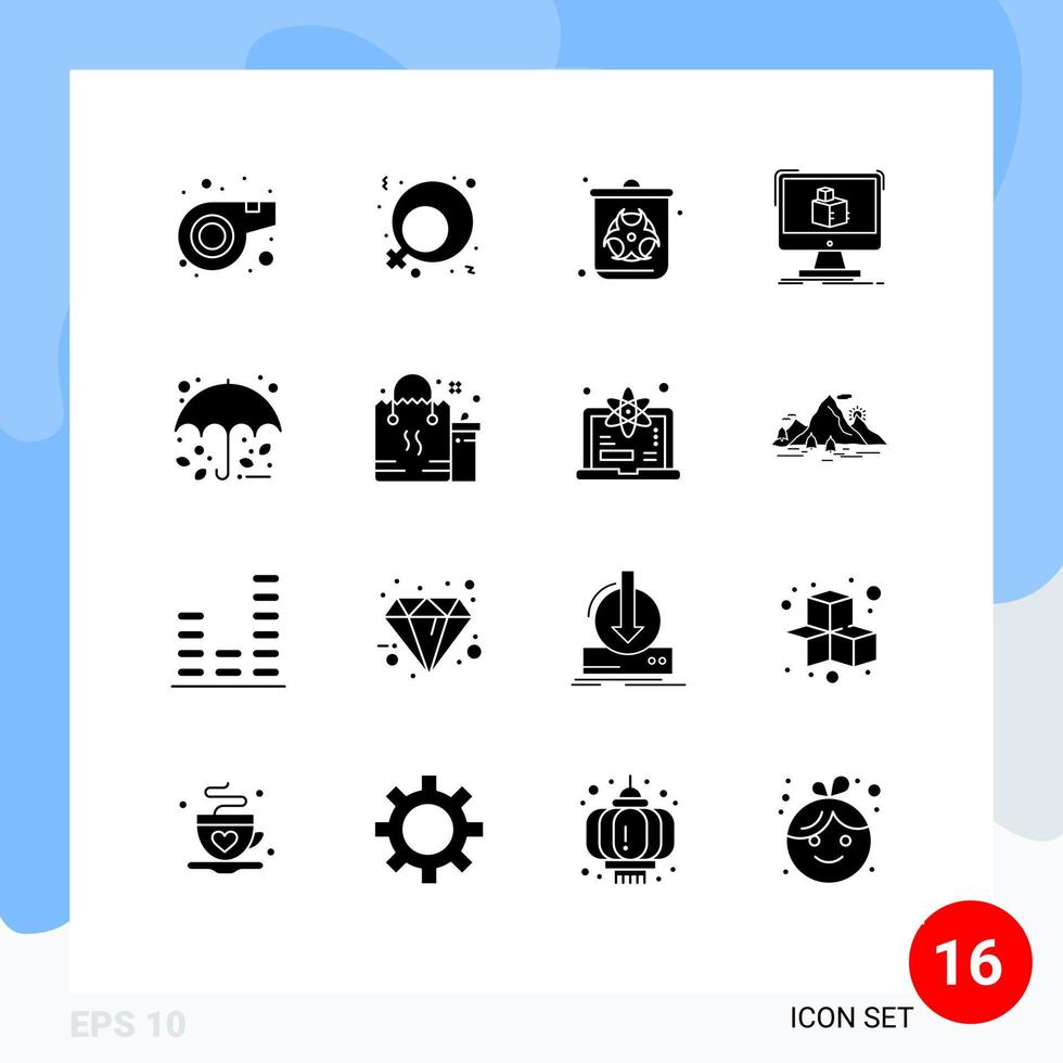 paquete de 16 signos y símbolos de glifos sólidos modernos para medios de impresión web, como protección de paraguas, contaminación, modelado de otoño, elementos de diseño de vectores editables