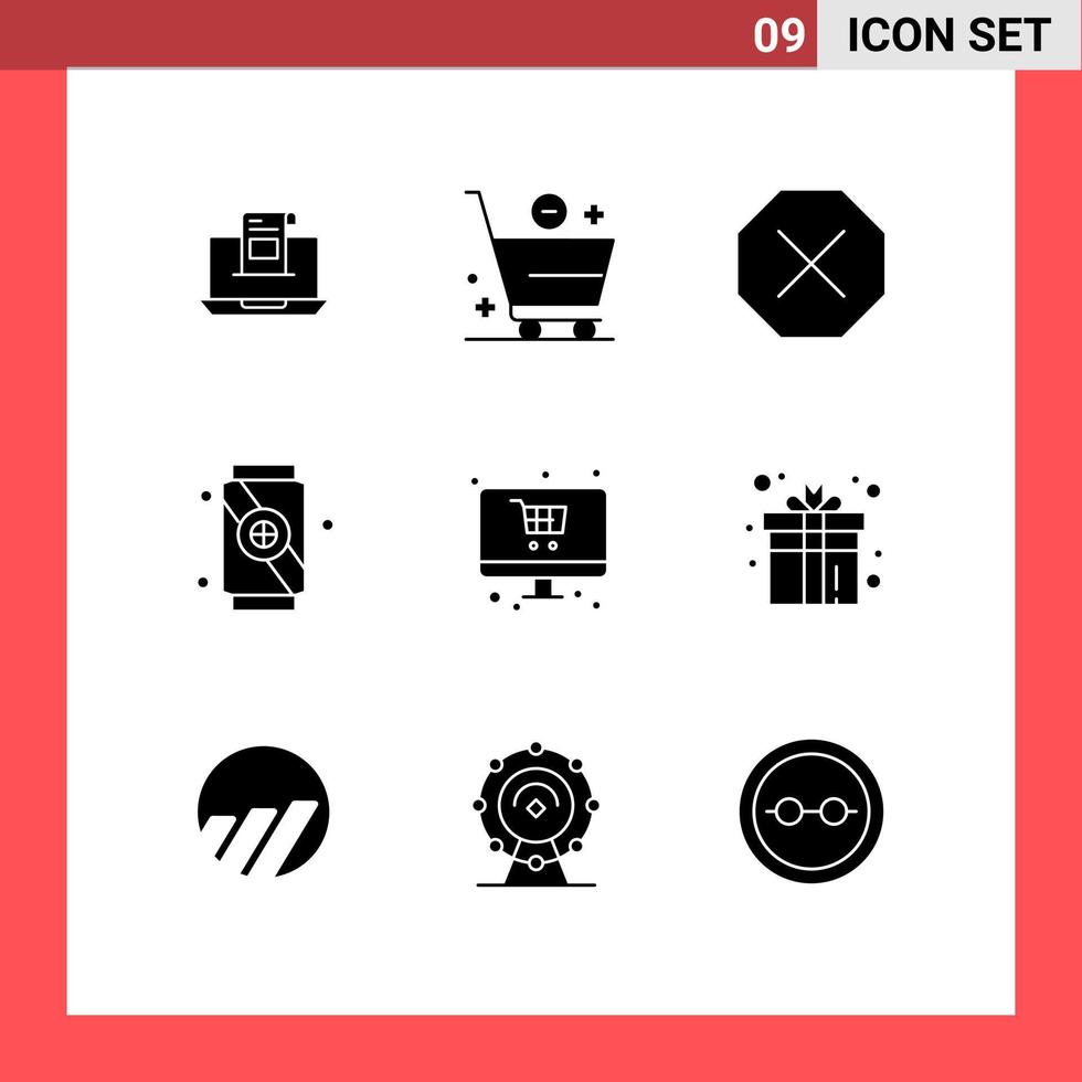 Set of 9 Vector Solid Glyphs on Grid for soft drink cart denied ban Editable Vector Design Elements