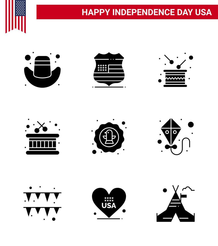 Happy Independence Day Pack of 9 Solid Glyphs Signs and Symbols for celebration american drum sticks drum Editable USA Day Vector Design Elements