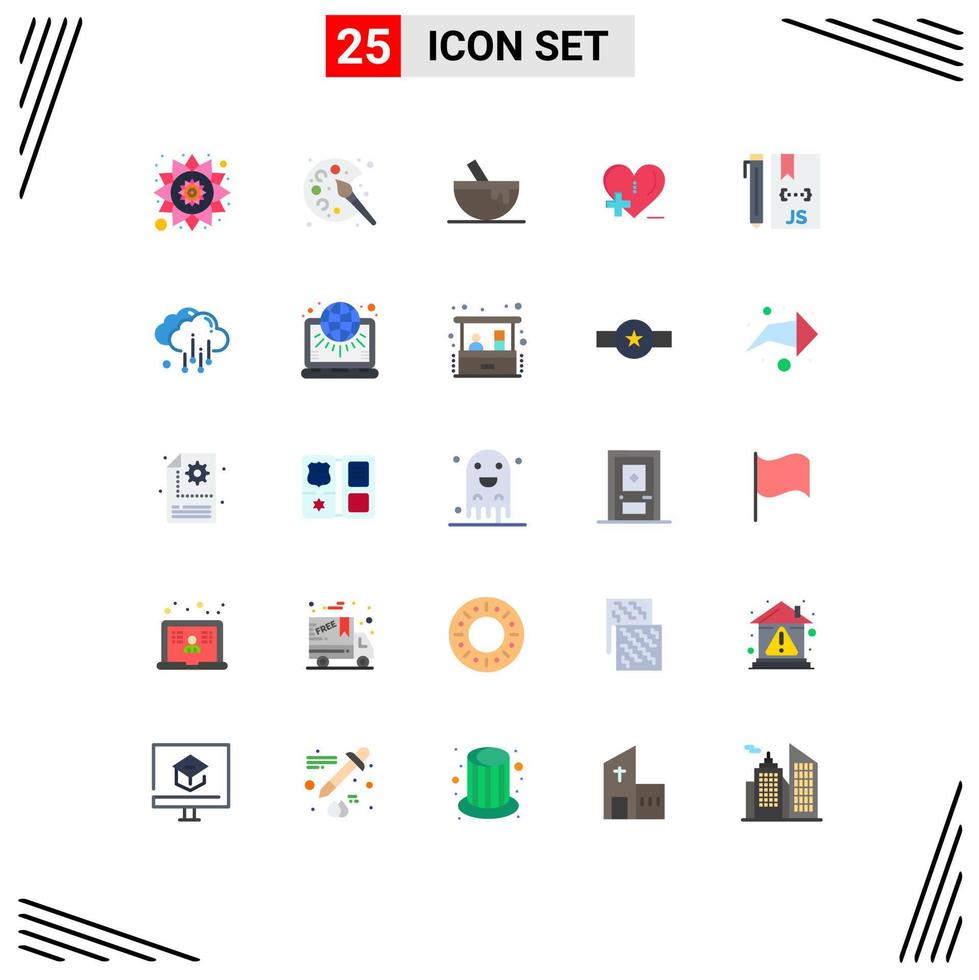 25 User Interface Flat Color Pack of modern Signs and Symbols of develop cloud bowl heart care health care Editable Vector Design Elements