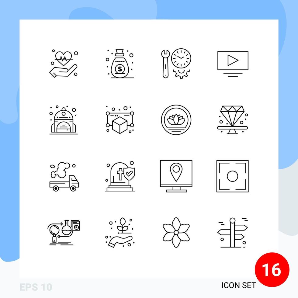 Stock Vector Icon Pack of 16 Line Signs and Symbols for bag youtube clock play tools Editable Vector Design Elements
