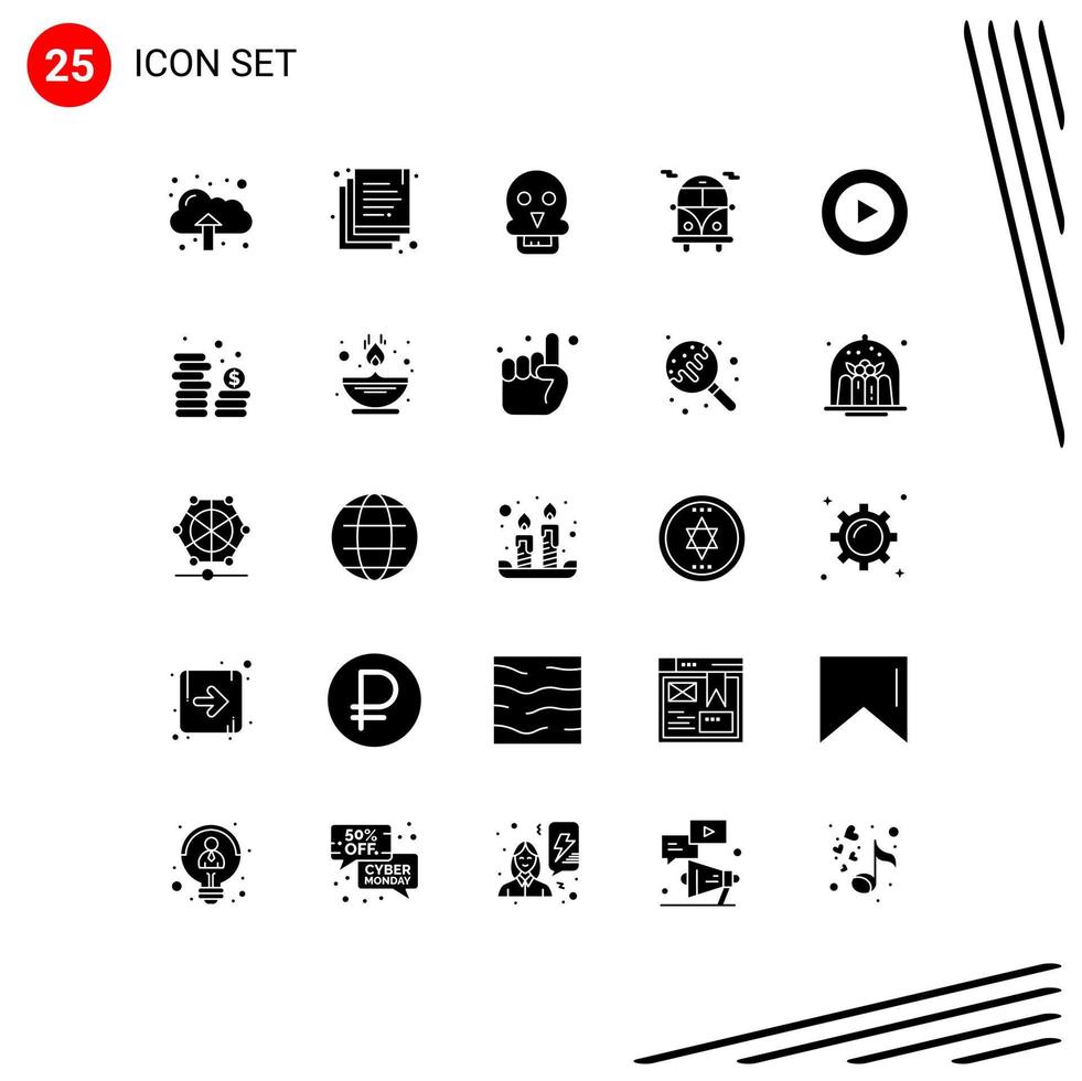 User Interface Pack of 25 Basic Solid Glyphs of coins video medical play public transport Editable Vector Design Elements