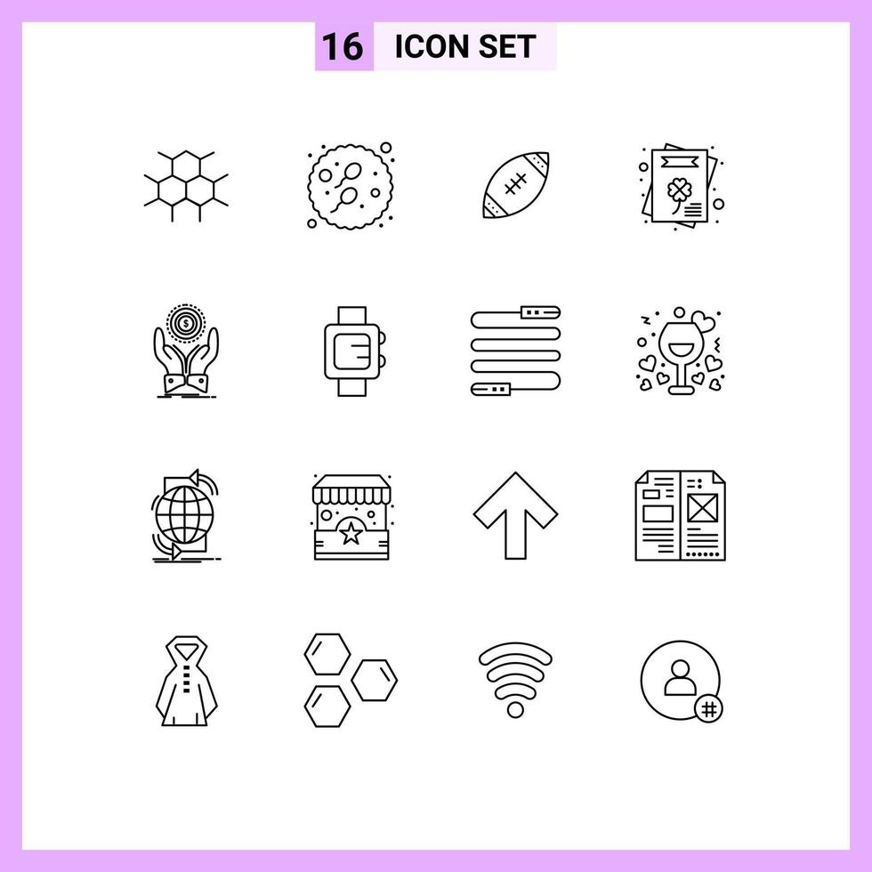 Pictogram Set of 16 Simple Outlines of hand invitation american greeting card rugby Editable Vector Design Elements
