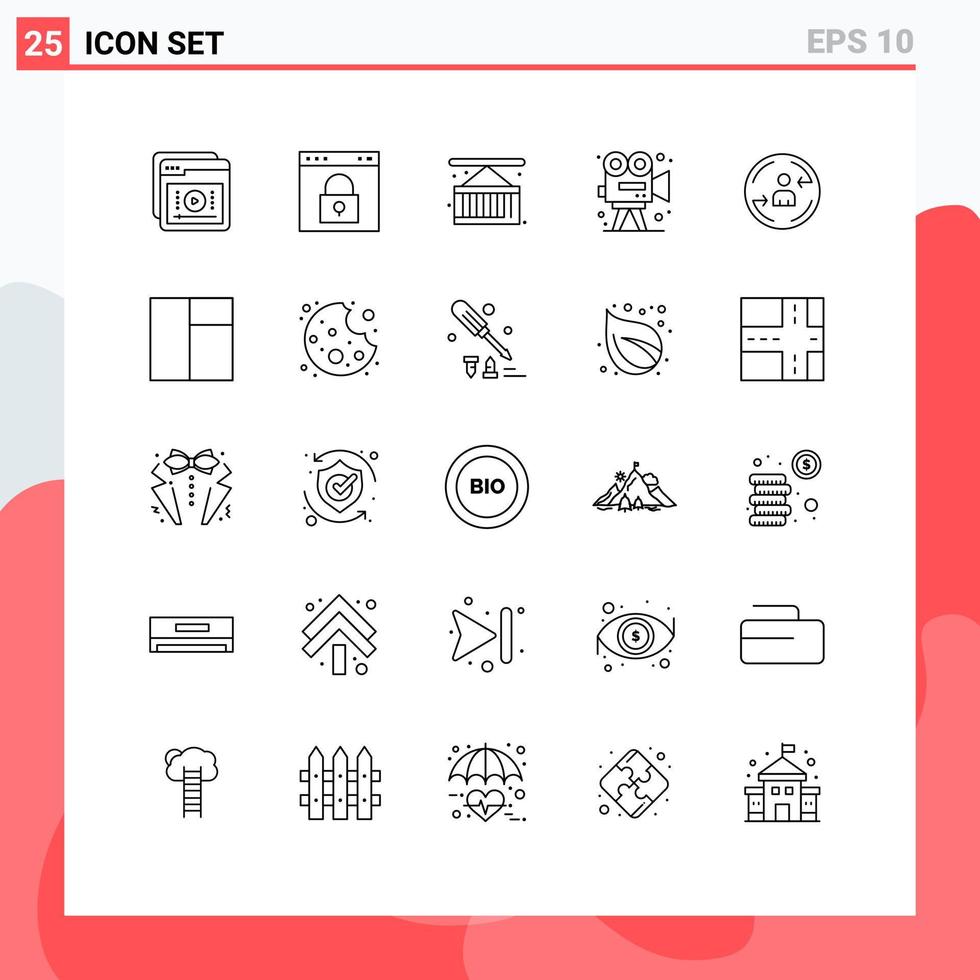 Pack of 25 creative Lines of art video lock city life cargo Editable Vector Design Elements