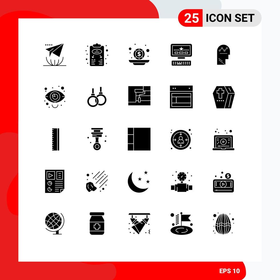 Pack of 25 Modern Solid Glyphs Signs and Symbols for Web Print Media such as process keayboard scheme star coins Editable Vector Design Elements