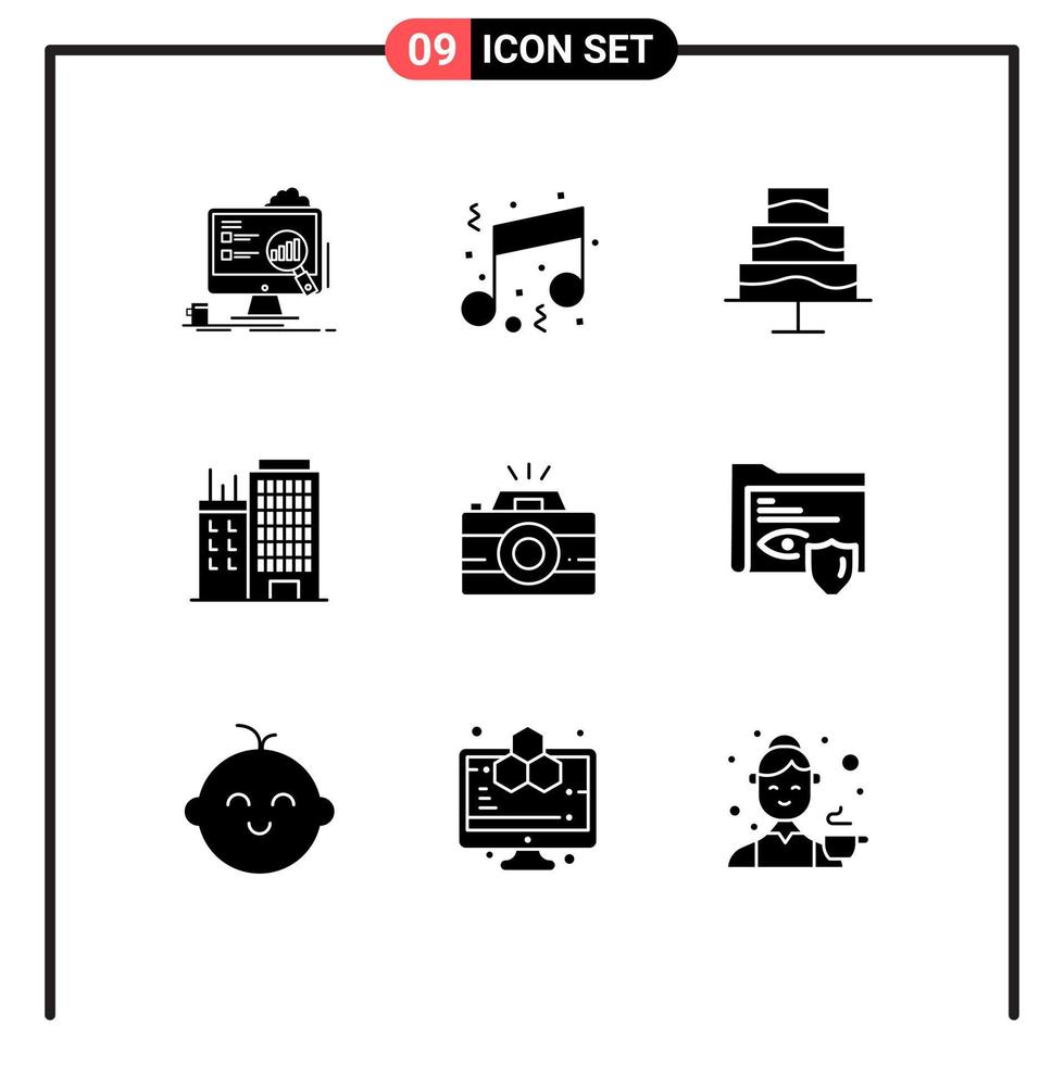 9 Thematic Vector Solid Glyphs and Editable Symbols of camera office note business photo Editable Vector Design Elements