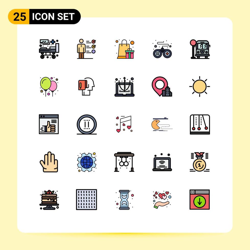 Editable Vector Line Pack of 25 Simple Filled line Flat Colors of bus stop city gift box game controller Editable Vector Design Elements