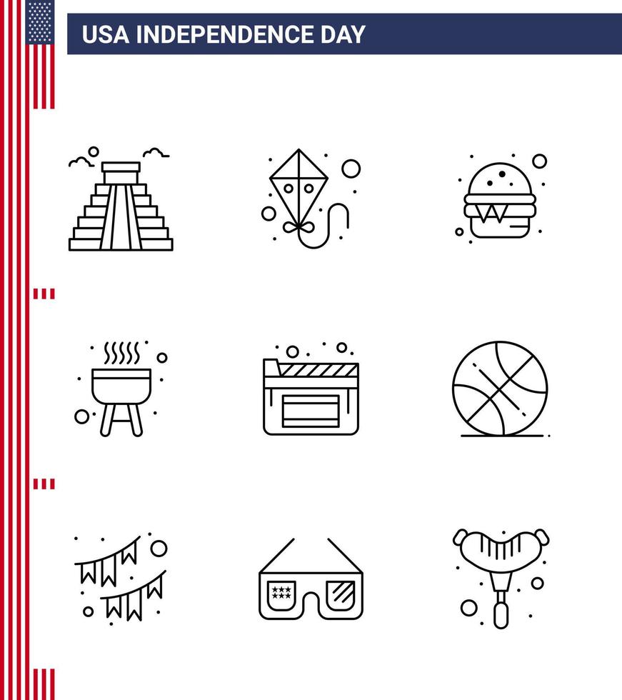 conjunto de 9 iconos del día de estados unidos símbolos americanos signos del día de la independencia para películas de backetball cine rápido barbacoa elementos de diseño vectorial editables del día de estados unidos vector
