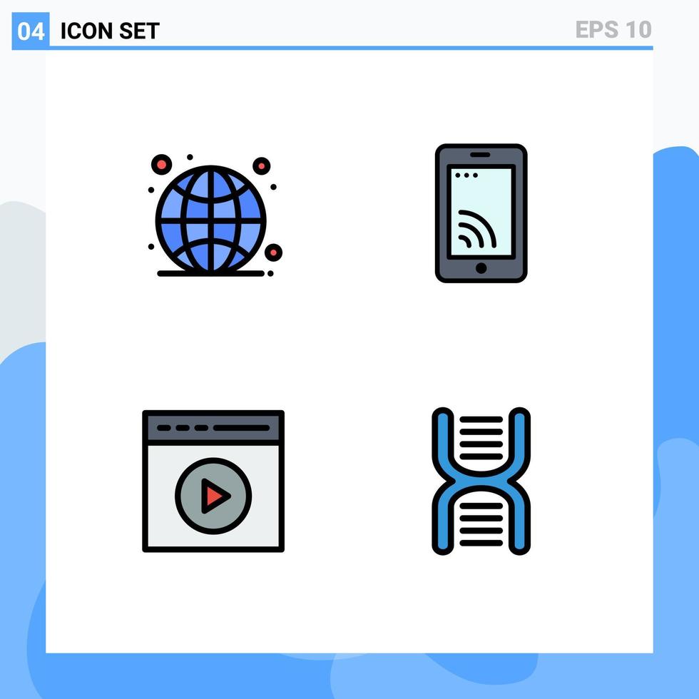 Pack of 4 Modern Filledline Flat Colors Signs and Symbols for Web Print Media such as global media play live wifi video play Editable Vector Design Elements