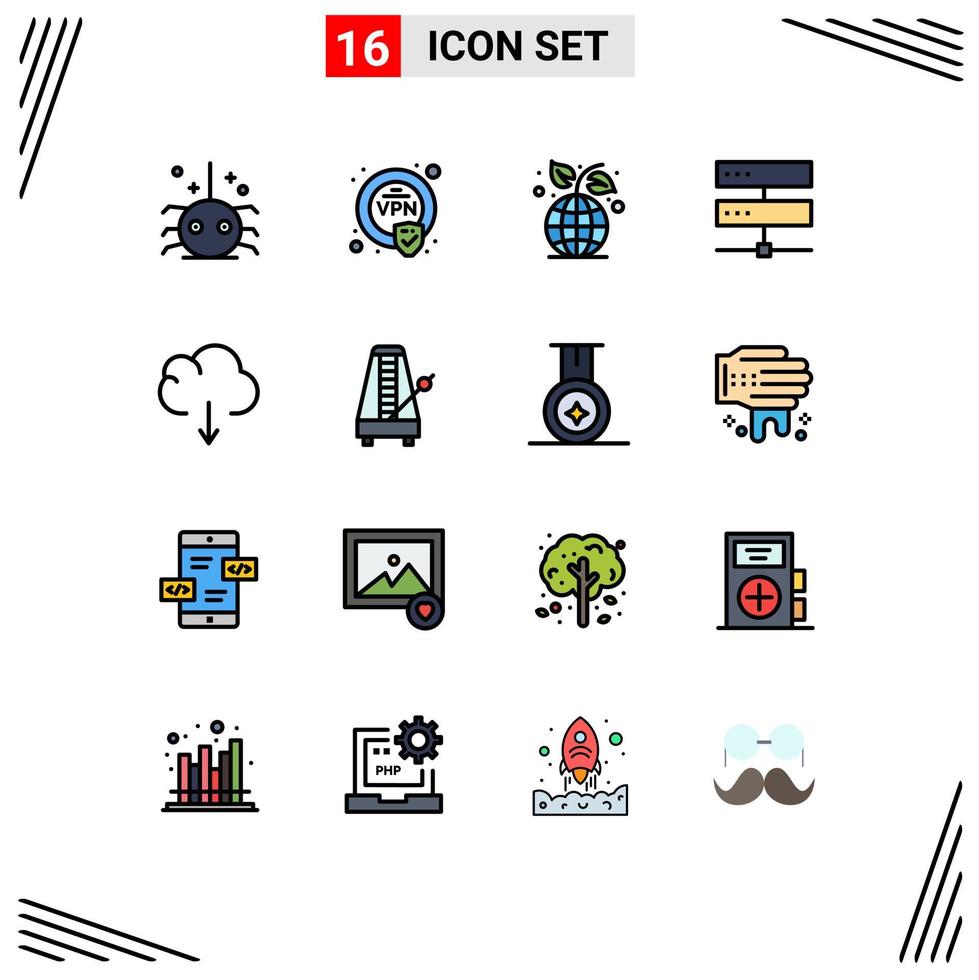 Mobile Interface Flat Color Filled Line Set of 16 Pictograms of data network ecology hosting database Editable Creative Vector Design Elements