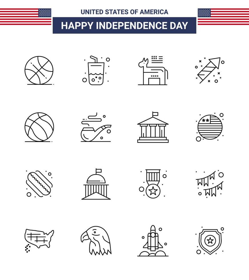 16 USA Line Pack of Independence Day Signs and Symbols of ball holiday donkey fireworks celebration Editable USA Day Vector Design Elements