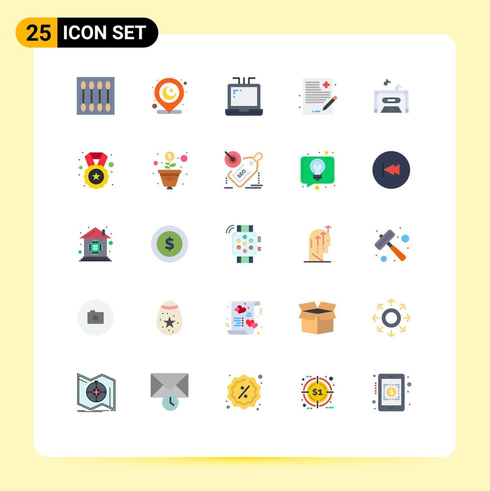 paquete de 25 signos y símbolos de colores planos modernos para medios de impresión web, como cinta de música, mapa, pin, archivo de historial, elementos de diseño de vectores editables