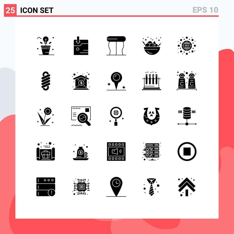 Group of 25 Solid Glyphs Signs and Symbols for seo package optimization furniture marketing summer Editable Vector Design Elements