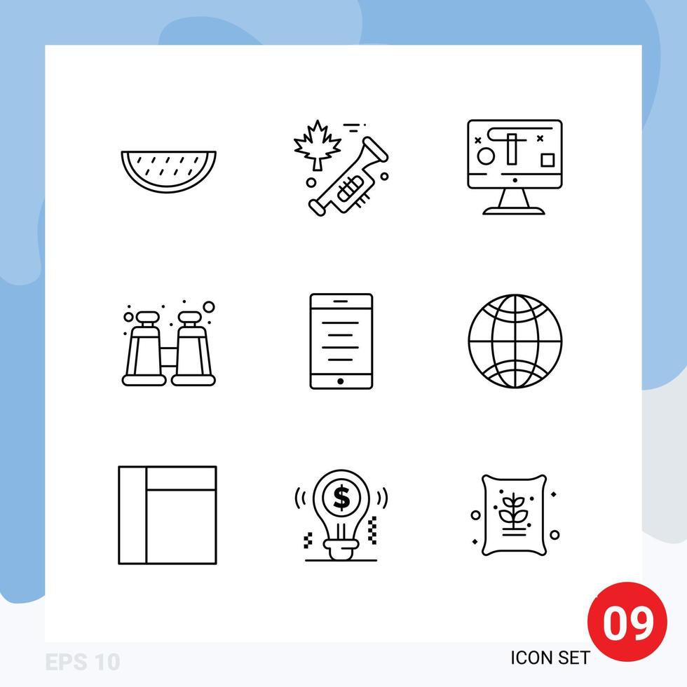 9 User Interface Outline Pack of modern Signs and Symbols of global text design mobile explore Editable Vector Design Elements