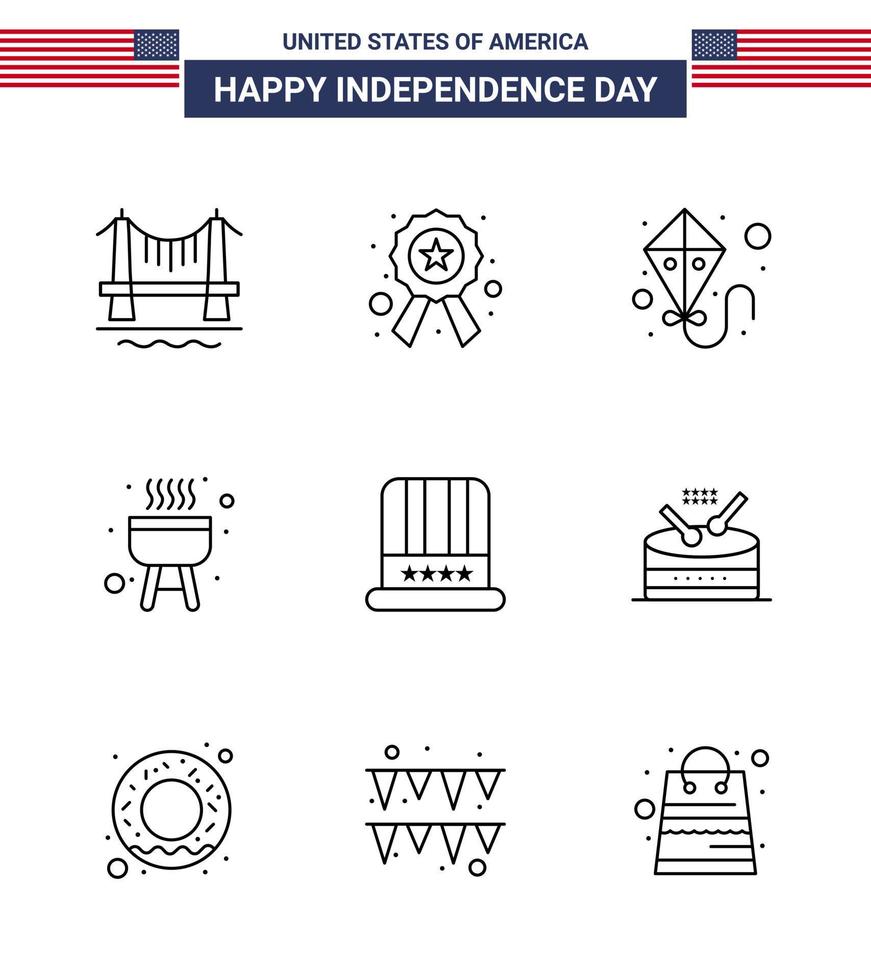 4th July USA Happy Independence Day Icon Symbols Group of 9 Modern Lines of usa cap kite hat bbq Editable USA Day Vector Design Elements