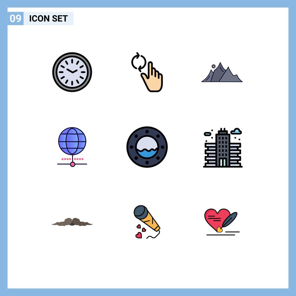 User Interface Pack of 9 Basic Filledline Flat Colors of world internet gesture globe mountain Editable Vector Design Elements