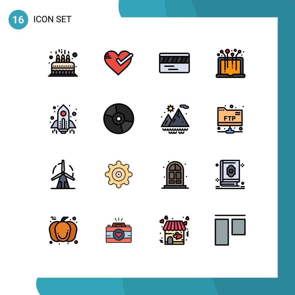 Modern Set of 16 Flat Color Filled Lines Pictograph of rocket media good laptop underground Editable Creative Vector Design Elements