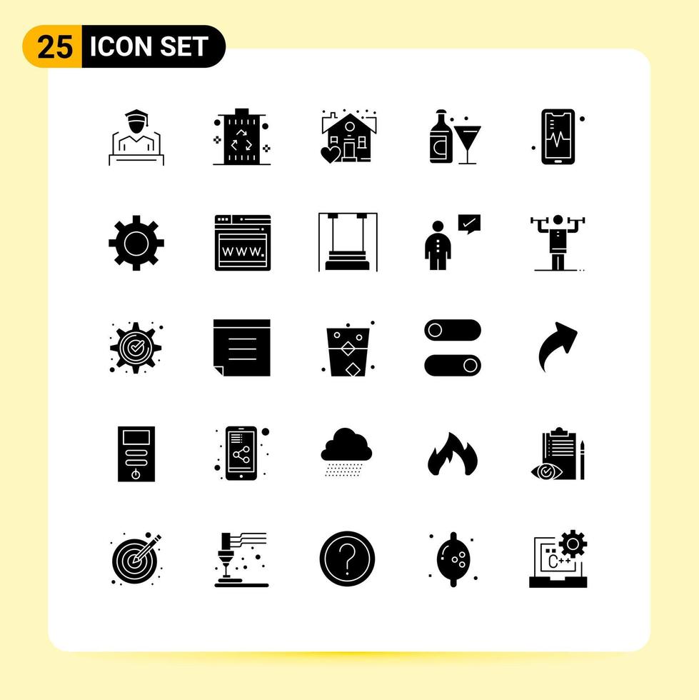 25 User Interface Solid Glyph Pack of modern Signs and Symbols of mobil easter recycle bottle wine Editable Vector Design Elements