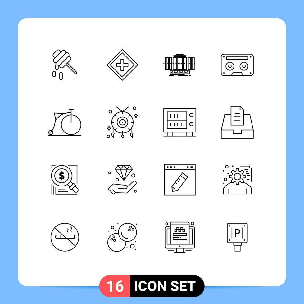 paquete de 16 signos y símbolos de contornos modernos para medios de impresión web, como cinta de audio, tecnología de audio de turbina, elementos de diseño de vectores editables