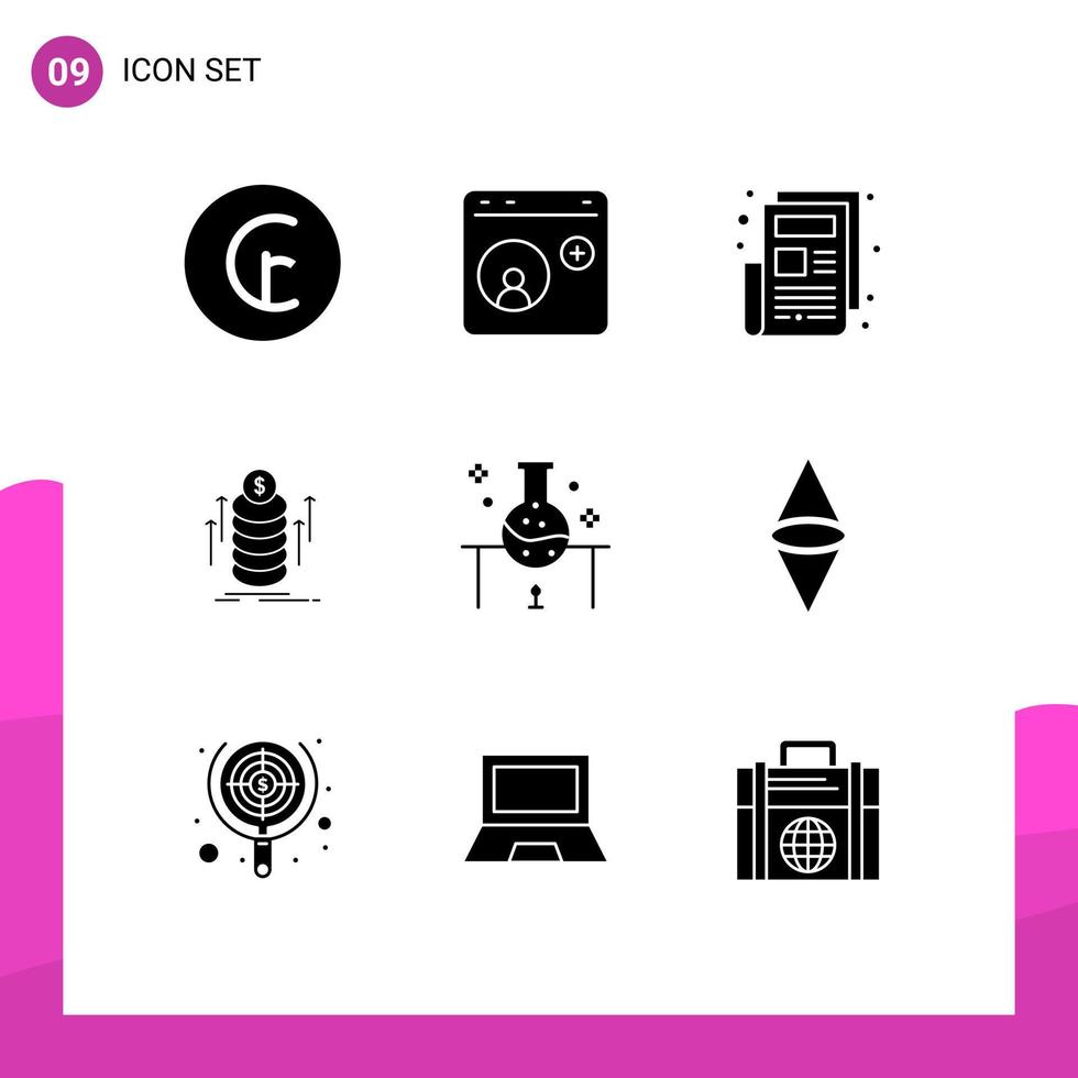 Universal Icon Symbols Group of 9 Modern Solid Glyphs of laboratory research coins social media transfer money Editable Vector Design Elements